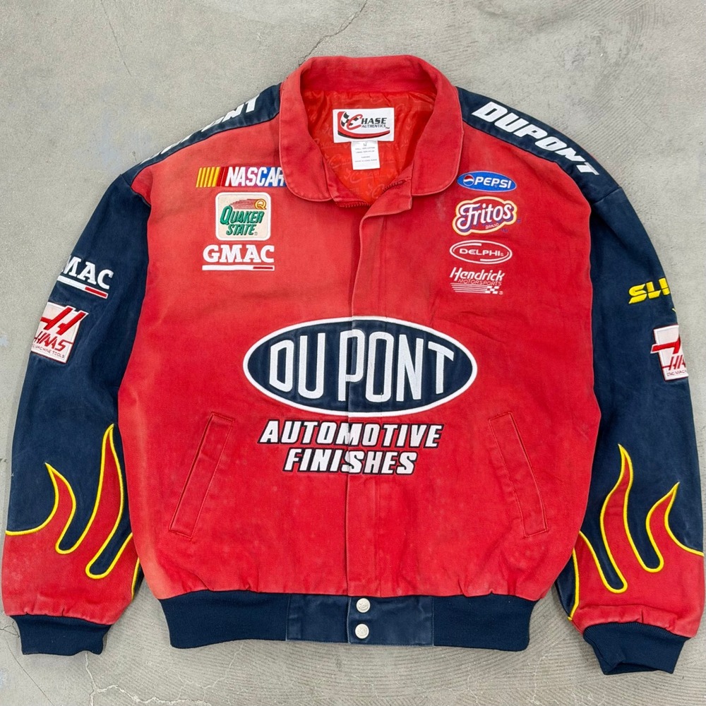 Vintage Chase Authentics NASCAR Jacket Mens M DuPont Racing Jeff Gordon Flames